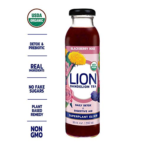 LION Organic Bottled Dandelion Tea | Immunity Booster - Prebiotic Tea Full of Antioxidants | Blackberry Rose | 12 Pack