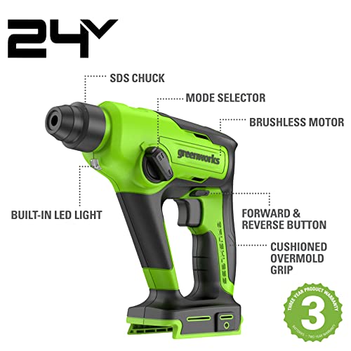 Greenworks 24V Brushless Rotary Hammer Drill Cordless SDS-Plus Heavy Duty 4-Mode Selector Anti-Vibration Handle Built-in LED Light Impact Energy 1.2 Joule Tool Only - Image 2
