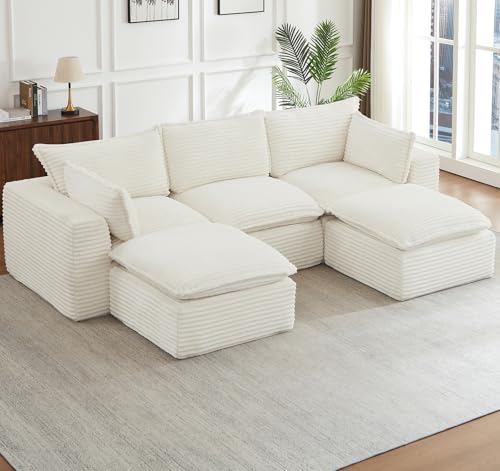 Image of 5 Piece Modular Sectional Sofa, Oversized Boneless Cloud Couch with Ottoman, Luxury Deep Seat Corduroy Fabric L Shaped Couch, Modern Memory Foam Sofa in a Box for Living Room Bedroom