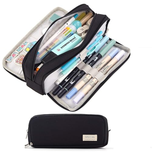 Image of Canvas Metal Large Capacity Pencil Case with 3 Compartments, Metal Zipper Pen & Pencil Pouch for School, College, Office, Boys & Girls, Travel Stationery Bag Organizer (Black)