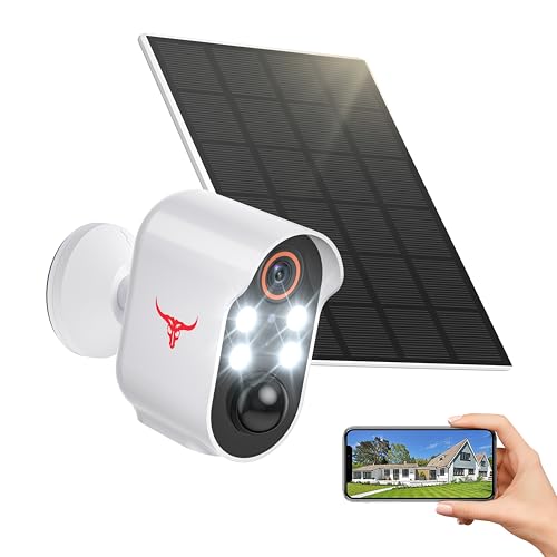 FISHBOT 1080P Wireless Security Camera, Outdoor/Indoor Home Cam with 2-Way Talk, AI Human Detection, Battery Powered, 2.4G WiFi, Cloud Storage, Night Vision (4 Spotlights with Solar Panel)