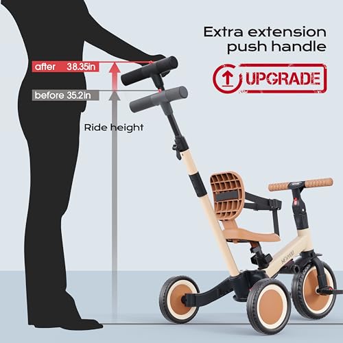 Image of newyoo Toddler Tricycle with Push Handle for 1-3 Year Old, Toddler Bike, Birthday Gift and Toy for Boys and Girls, 5 in 1 Kids Trike, Balance Bike with Backrest and Safety Belt, Khaki, TR007