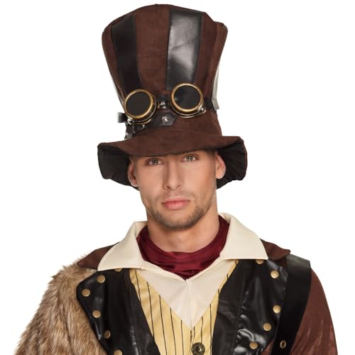 Boland 54514 - Hut Starepunk mit Fliegerbrille, braun, viktorianischer Stil, Themenparty, Mottoparty, Karneval