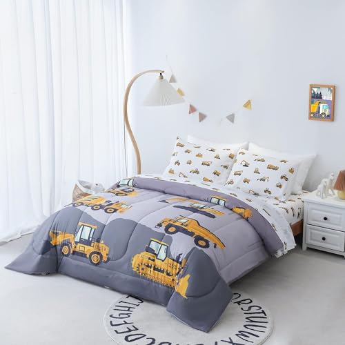 Image of Cokouchyi Full Size Comforter Set for Boys, 5-Piece Bed in a Bag, 3D Construction Bedding Comforter Sheet Set, Ultra Soft and Fluffy, Cartoon Truck Cars
