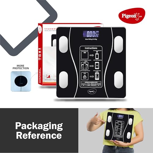 Image of Pigeon Ivory Smart BMI Weighing Machine for Body Weight with 18 Body Parameters Sync with Mobile App, Body fat Analyzer Machine, Weighing Scale with LCD Display, 36 Months Warranty, Black, 180 Kg