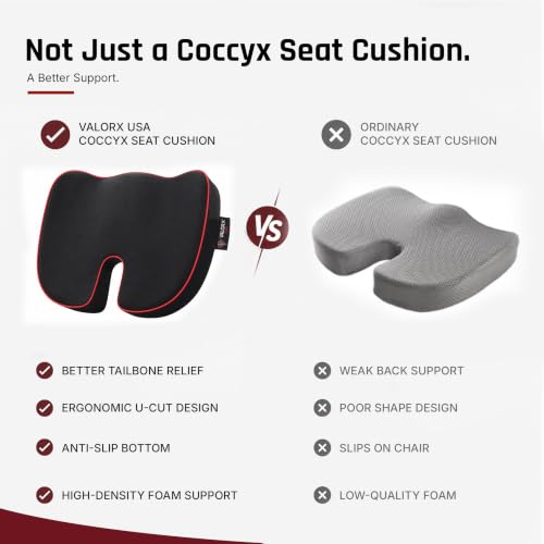 Image of Premium Memory Foam seat Cushion by ValorX USA for Chair Orthopedic Coccyx Cushion for Tailbone Pain, Hip Support Pillow Black