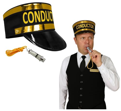 Nicky Bigs Novelties Train Engineer Conductor Hat And Whistle Set Adjustable Size Adult Costume Accessory (53-60 cm) Black & Gold Trim | Halloween, Christmas, Express Train Theme