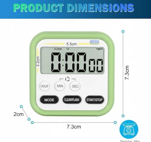 Image of Digital Magnetic Timer Clock with Large LCD Display, Loud Alarm, Countdown Flashing Light, Stopwatch, 24-Hour Display, Retractable Stand, Hanging Hole, for Students, Cooking (Green)