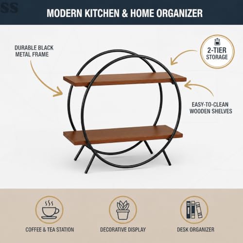 Image of 2 Tier Spice Rack Organizer for Kitchen Countertop - Metal & Wooden Masala Stand Condiments, Seasonings Multipurpose Storage Rack for Home & Kitchen Decor (Black Brown)