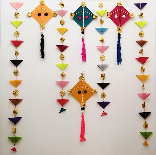 Image of CANVASS Colorful Woolen Kite Hanging Latkan Toran Garland for Main Door Poojaroom Festivals Wedding Housewarming Rajasthani Traditional Decoration Items (Kites with Triangle Hangings), 17x 120 cm