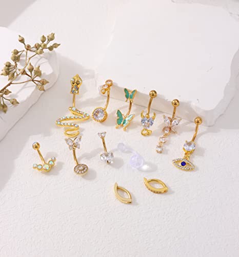 Svovin 12 Pcs 14G Belly Button Ring Dangle Cute Snake Evil Eye Heart Clear Cz Butterfly Belly Button Rings Piercing Pack Jewelry For Women #TOP5