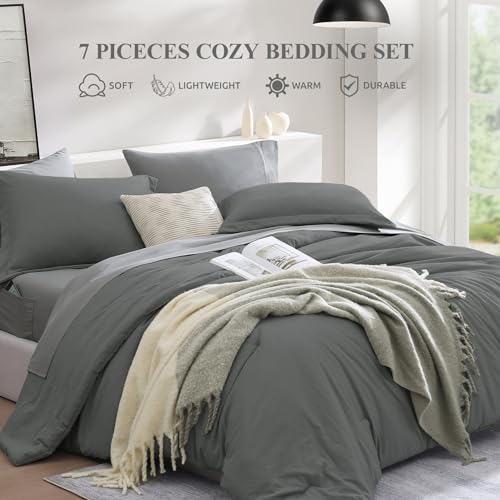 Image of Queen Comforter Set-7 Pieces Soft Prewashed Bed in a Bag Queen Bedding Sets | All Season Comforter with Sheets, Pillow Shams & Pillowcases, Grey