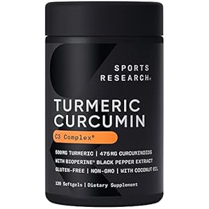 Sports Research Turmeric Curcumin C3 Complex – Softgels with Bioperine Black Pepper Extract & Organic Coconut Oil, Standardized 95% Curcuminoids – Non-GMO Verified & Gluten Free – 500mg, 120 Count