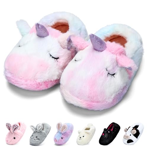 WateLves Toddler Slippers Girls Unicorn Slippers Winter House Shoes Anti-Slip Soft Bedroom Shoes(Tie-dye Unicorn 28/29)