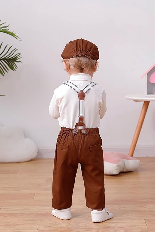 DISAUR Baby Boy Clothes Suits 4PCS Gentleman Outfit Dress Romper Beret Hat Suspender Pants Bow Tie Wedding Set - Image 3