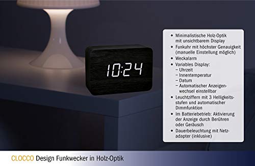TFA Dostmann Clocco zendergestuurde wekkker, 60.2549.01, in houtlook, met grote LED cijfers, Wekalarm, met binnentemperatuur en datum, zwart, wit/zwart, (l) 100 x (b) 41 x (h) 70mm - Image 7