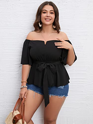 SCOMCHIC Women's Plus Size Off The Shoulder Peplum Blouse Top Half Bell Sleeve Tie Waist Ruffle Hem Babydoll Tops2