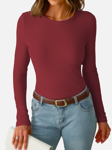 GKBK Ribbed Long Sleeve Tops for Women Fitted Basic Tight T-Shirts Crewneck Cute Layering Tops Lightweight Fall Sweaters 2026 Fashion Outfits Winter Clothes Burgundy — view 3