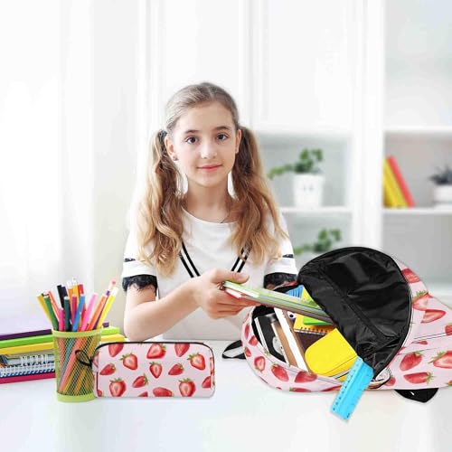 Image of Strawberry Printed Backpack Set for Girls Kids, 3Pcs Bookbag with Pencil Case for Back to School, 17 Inch Lightweight Laptop Backpack with Lunch Bag for Women Teens Office, High School