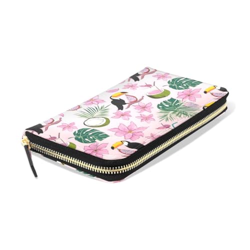 Long Wallets Leather Bifold Wallet for Women Toucan Pink Fruit with Zipper Credit Card Holder Large Capacity3