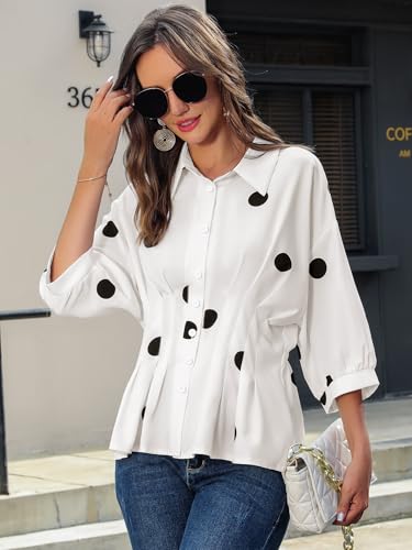 Women Pleated Peplum Blouse 3/4 Sleeve Button Down Cinched Waist Shirt Fitted Flattering Office Daytime Top