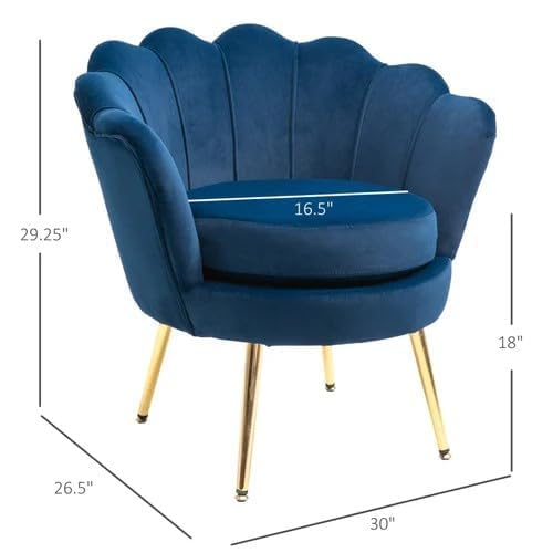 Image of Wooden Velvet Shell Accent Chair, Upholstery, Gold Metal Legs, Channel Tufted Design, Barrel Chair for Living Room, Drawing Room, Bedroom, & Office (Navy Blue)