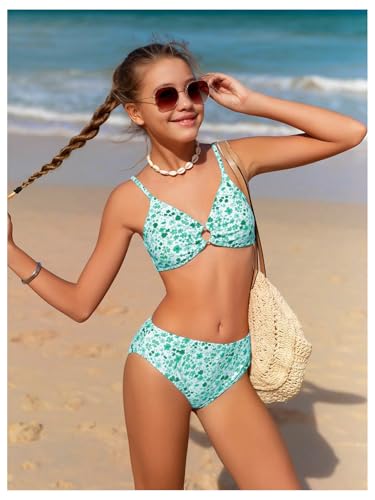 Image of OYOANGLE Girl's 3 Piece Bikini Sets Floral Print Spaghetti Straps Cute Swimsuits with Beach Skirt Bathing Suits