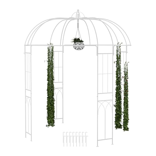 Relaxdays Garden Arbour, Metal Pavilion, HWD: 269x211x211 cm, Patio Gazebo, Climbing Support for Plants, Pergola, White, Steel