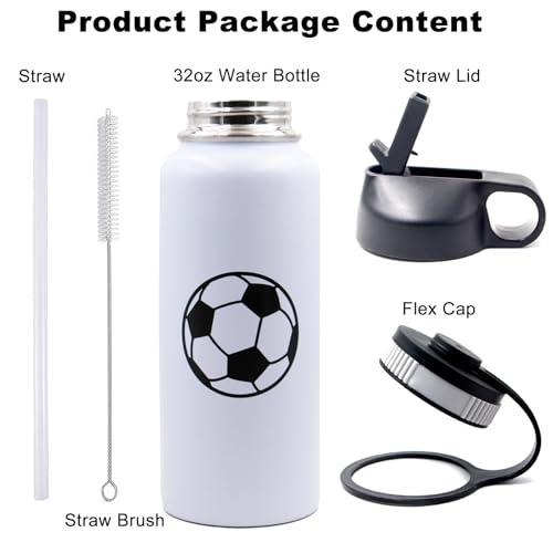 Soccer Water Bottle 32 oz Sports Flask Metal Travel Tumbler with 2 Lids, BPA Free Stainless Steel Double Wall Vacuum Insulated Water Bottles, Soccer Gifts for Boys Girls Player — view 2