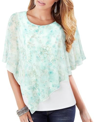 Vafoly Mujer Gasa Suelta Bats Blusa con Manga Corta Aleteo Ligero Blusa Fluida Cuello Redondo Doble Capa Poncho Túnicas, Flor verde, M