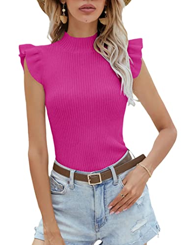 Womens Mock Neck Sweater Vest Sleeveless Ribbed Knit Tank Tops Rose Red #TOP20