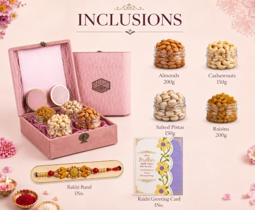 Image of Browntree Dry Fruits Rakhi Gift Hamper Pink Fancy-4P (700g) |Rakhi Hamper for Brother| |Cashewnut, Almond, Raisins & Pista | Premium Box with Glass Jars| Healthy Dry Fruit Box for Corporate Gifts & Festive Gifting | Ideal Gift box for All Celebration