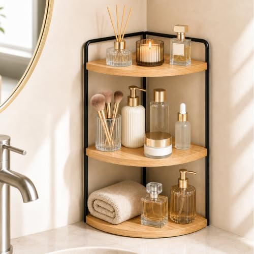 3-Tier Corner Bathroom Countertop Organizer, Solid Pine Wood Vanity Shelf
