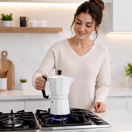 Image of 6 Cup Stovetop Espresso Maker Classic Italian Moka Pot Coffee Maker Premium Food Grade Aluminum Espresso Percolator for Gas & Electric Stovetops Heat Resistant Handle (White-1pcs)