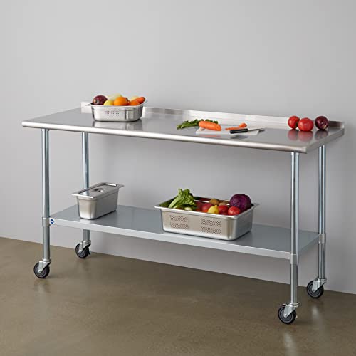 Image of Stainless Steel Table for Prep & Work with Caster & Backsplash 24x72 Inches, NSF Metal Commercial Kitchen Heavy Duty Table with Adjustable Under Shelf and Table Foot for Restaurant, Home and Hotel