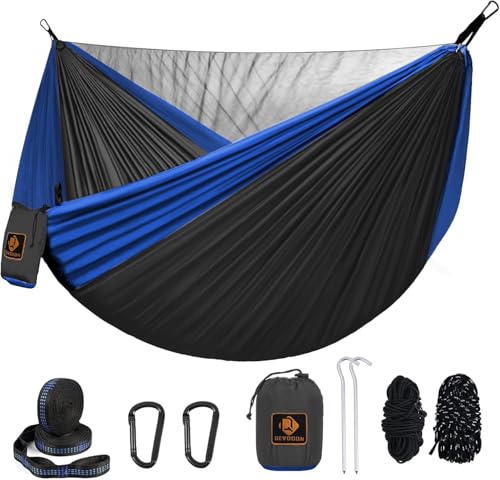 Image of Camping Hammock, Portable Hammocks with Mosquito Net,Lightweight Nylon Parachute Hammock with 10ft Tree Straps,Camping Gear Must Haves for Travel Hiking Backpacking Beach Patio-Deep Grey&Blue
