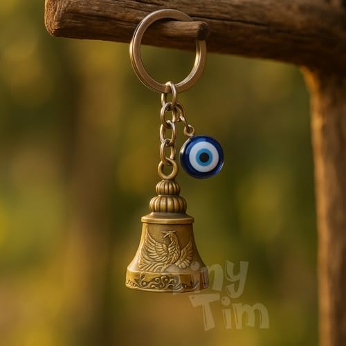 Image of Tiny Tim Guardian Bell with Evil Eye Charm - Protective Motorcycle & Car Accessory - Tibetan-Inspired Design - Wards Off Negative Energy - Ideal Gift for Bikers & Travelers