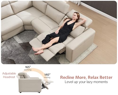 Image of AMERLIFE Power Recliner Sectional Sofa with Storage /USB Port, Leather Recliner Sofa with Adjustable Headrest, Reclining Sectional Couches with Console and Cup Holder for Living Room (Beige Brown)
