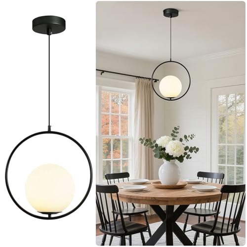 Image of Vintage Pendant Light 1-Light Black Glass Globe Ceiling Pendant Lamp Chandelier Oval Shape Hanging Pendant Light Fixtures for Bedroom Living Dining Room Kitchen (Round(25cm))