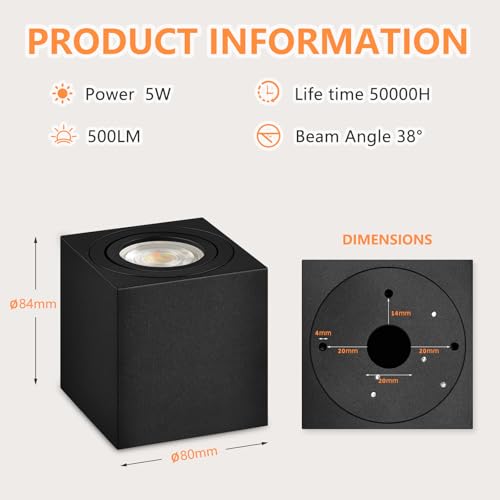 GeyouLux Square Dimmable Projection Spotlight, diameter 80x84mm Ceiling Spotlight, Adjustable 30° - Image 2