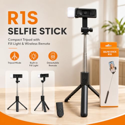 Image of Selfie Stick Tripod with Bluetooth Remote, Foldable Mini Tripod Stand, 360 Rotating Phone Holder, Portable Selfie Stick for Android & iPhone, Vlogging & Travel R1S By UNBREAKcable