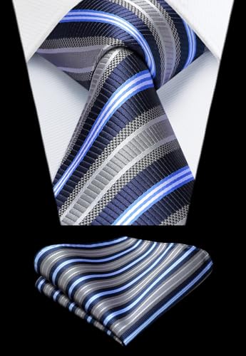 Image of HISDERN Mens Striped Ties Classic Silk Woven Tie and Pocket Square Set Formal Business Necktie Handkerchief for Wedding