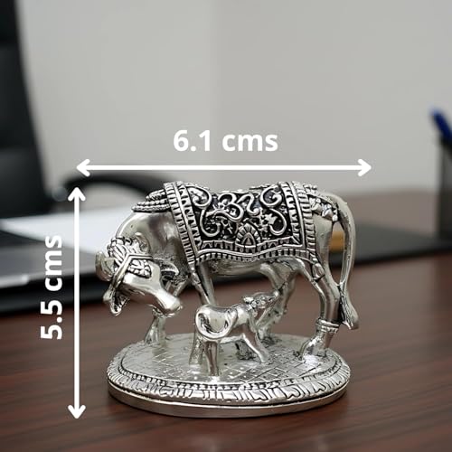 Image of 999 Pure Silver Plated Kamdhenu Cow with Calf Idol | Auspicious Vastu Home Decor for Pooja Room & Mandir | Symbol of Prosperity & Abundance | Religious Gift Showpiece