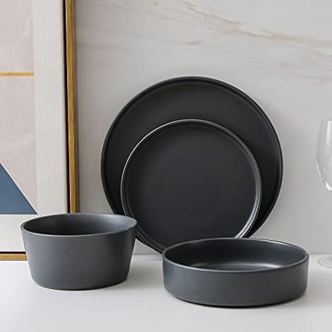 Stone Lain Celina Stoneware 16-Piece Dinnerware Set, Cereal and Dinner Bowls, Grey Cover