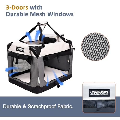 JESPET Soft Dog Crates Kennel for Pets, 3 Door Soft Sided Folding Travel Pet Carrier with Straps and Fleece Mat for Dogs, Cats(7-Light Grey, Small(24\" L x 16.5\" W x 16.5\" H)) - Thumbnail 2