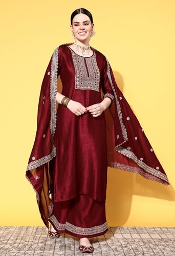 Image of SheWill Girl's Silk Womens Festive Ethnic Kurta Palazzo Set