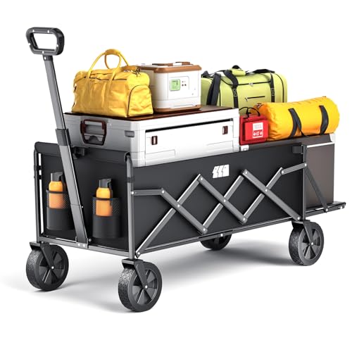 Collapsible Wagons Carts Foldable with Extended Tailgate, Folding Cart on Wheels, Portable Heavy Duty Shopping Carts for Groceries, Apartment, Garden, Camping, Fishing, Outdoor (Black)