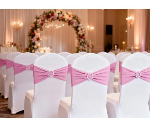 Image of 50 Pack Pink Chair Sashes, Light Pink Spandex Chair Bands for Wedding Gender Reveal Party Decor, Baby Pink Bows for Folding Chairs