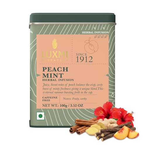 Image of Luxmi Estates Peach Mint Tea with Cinnamon Ginger Hibiscus, 50 cups (100g /3.5oz) | Caffeine-Free