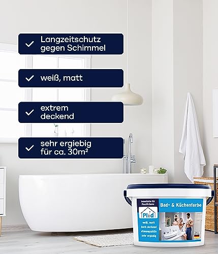 PLID® Bad und Küchenfarbe weiß für alle Wände [STARKER SCHIMMELSCHUTZ] - Anti Schimmelfarbe Innen Weiß für alle Wände - Antischimmelfarbe für Feuchträume & Badezimmer gegen Schimmel - Made in Germany - 2
